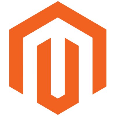Logo of orange hexagon with white cut out angular letter M for Magento